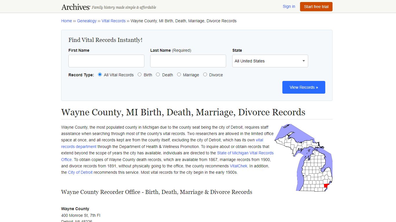 Wayne County, MI Birth, Death, Marriage, Divorce Records - Archives.com